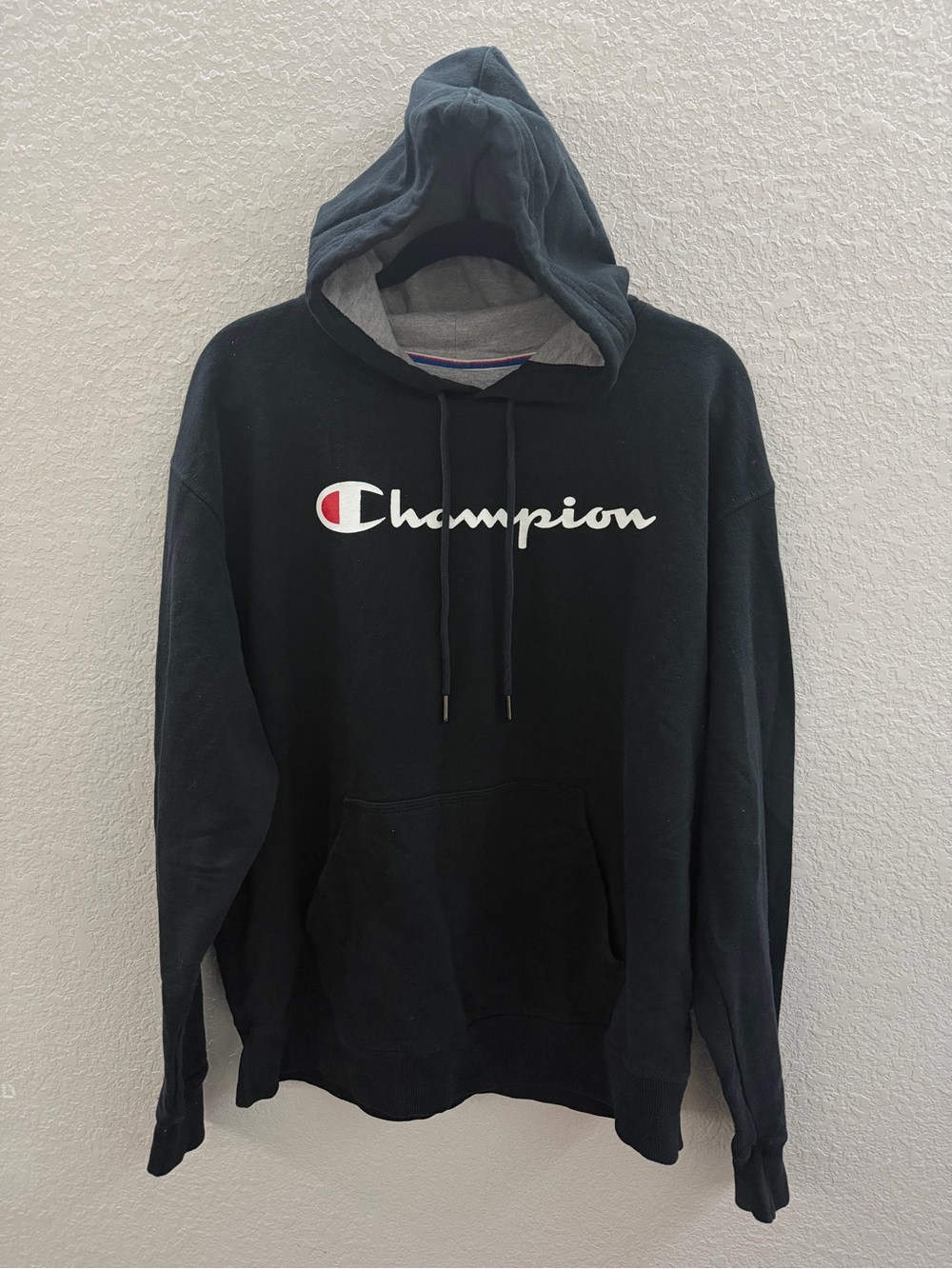 Champion Script Logo Hoodie Sz L Black Hoodie Pullover